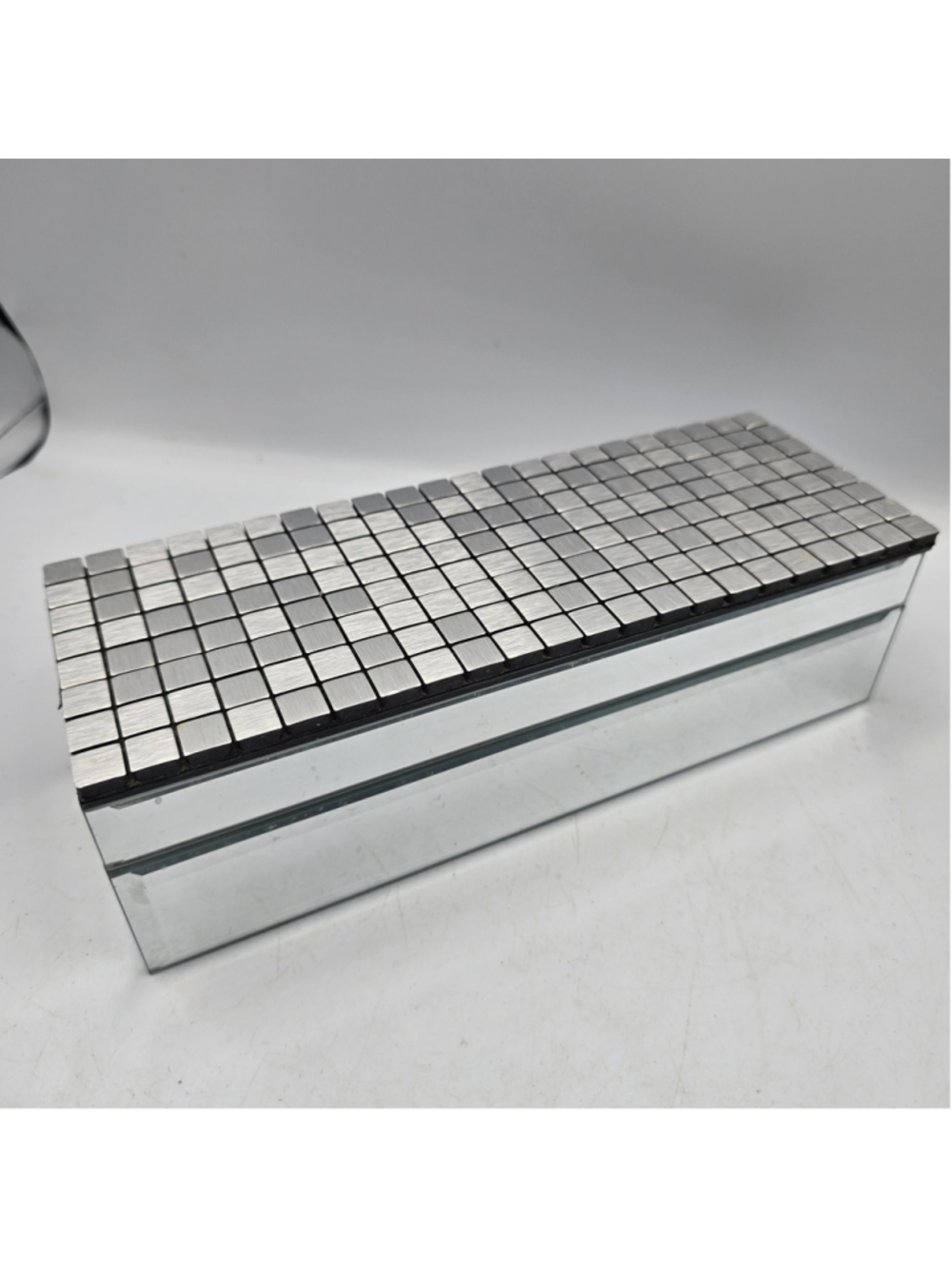 Nicole Miller Art Deco Silver Mosaics Mirror Jewelry Storage Trinket Box 9.5x3.5